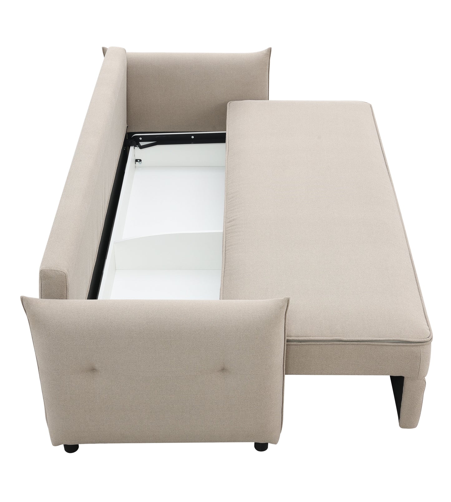 The Irina Pull Out Sleep With Storage is a beige L-shaped sofa that features clean lines, tufted side panels, and black legs, combining modern aesthetics with functional pull-out storage.