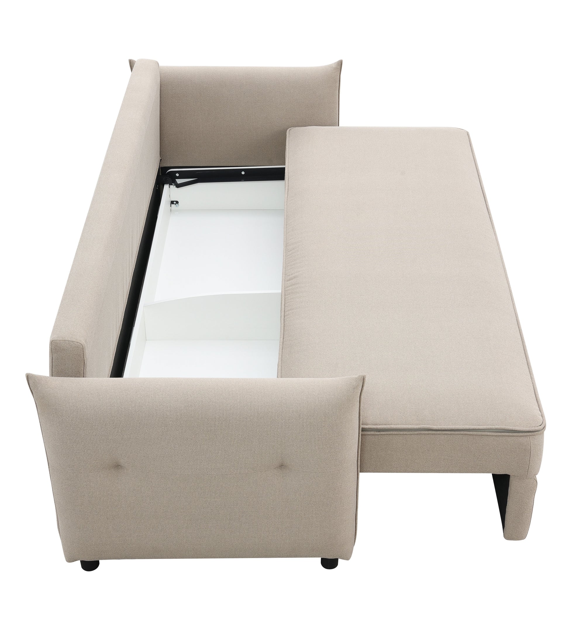 The Irina Pull Out Sleep With Storage is a beige L-shaped sofa that features clean lines, tufted side panels, and black legs, combining modern aesthetics with functional pull-out storage.