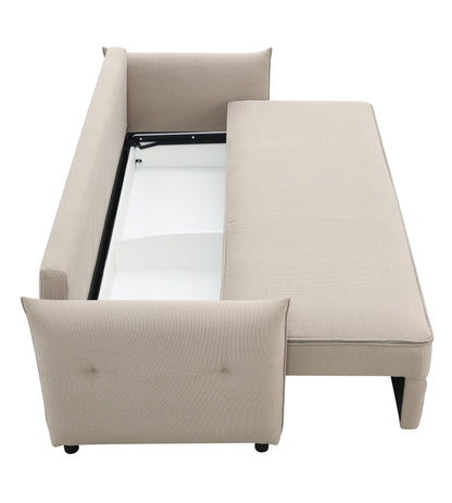 The Irina Pull Out Sleep With Storage is a beige L-shaped sofa that features clean lines, tufted side panels, and black legs, combining modern aesthetics with functional pull-out storage.