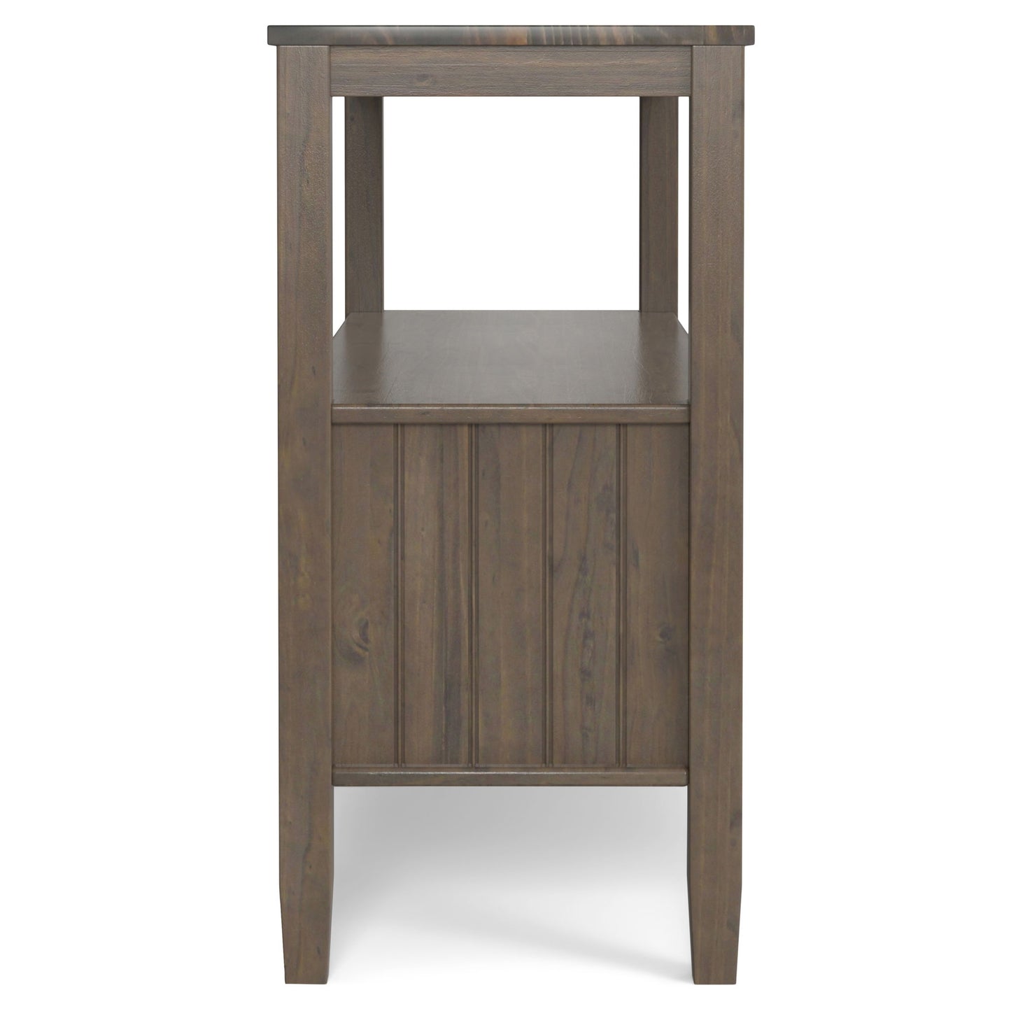 Side view of the Lev Console Table in Smoky Brown, featuring a shelf beneath the tabletop, a paneled lower section, and simple straight legs.