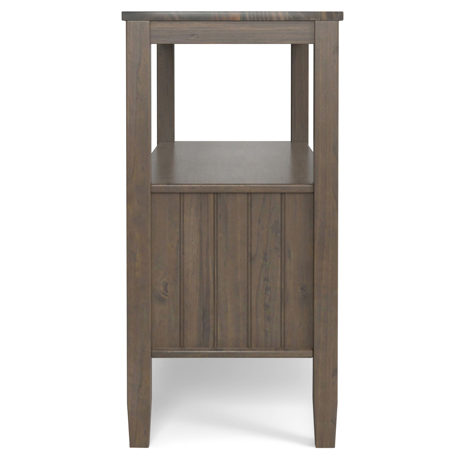 Side view of the Lev Console Table in Smoky Brown, featuring a shelf beneath the tabletop, a paneled lower section, and simple straight legs.