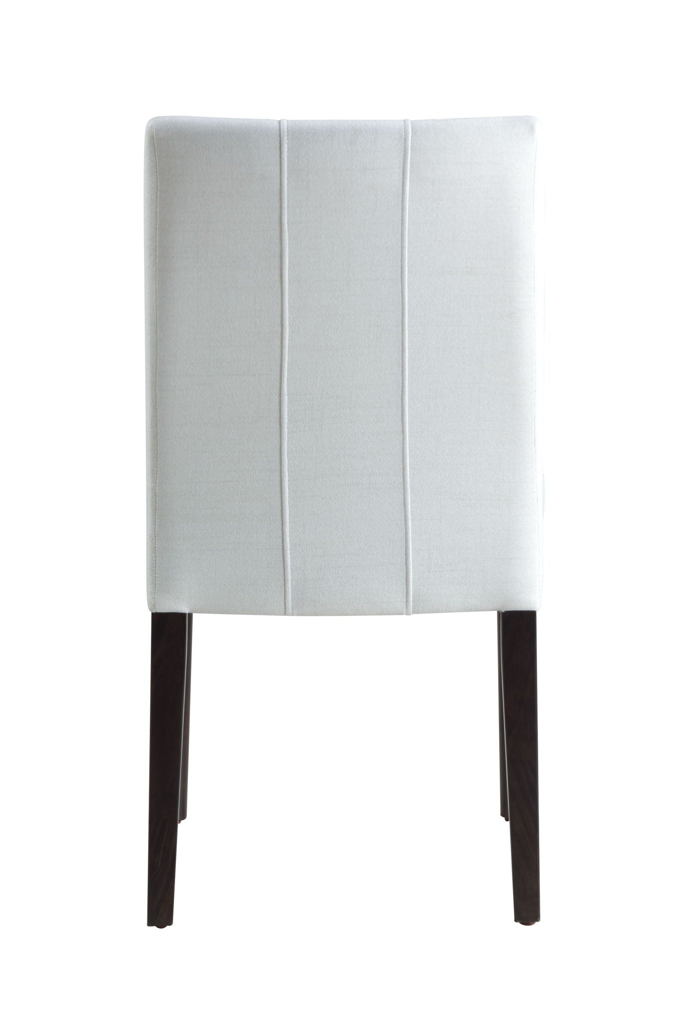The Carena Side Chair (Set of 2) in white features a light gray upholstered back with straight vertical stitching and four dark wooden legs, shown against a plain white background.