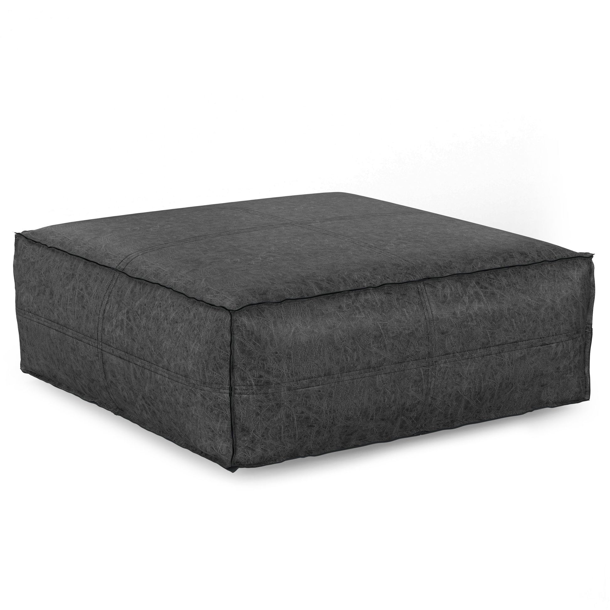 The Brody Large Square Coffee Table Pouf, featuring black leather with visible stitching, is shown against a plain white background.