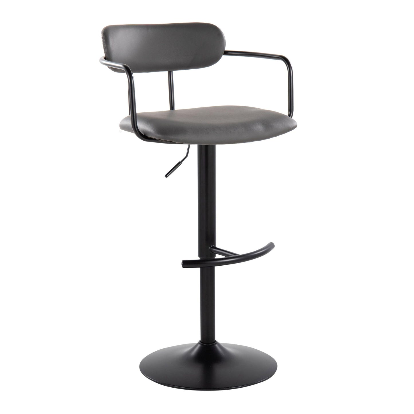 The Demi Contemporary Adjustable Height Barstool (Set of 2) features a round black metal base, swivel function, black padded seat with curved backrest, thin curved armrests, and a stylish rounded T footrest attached to the stem.