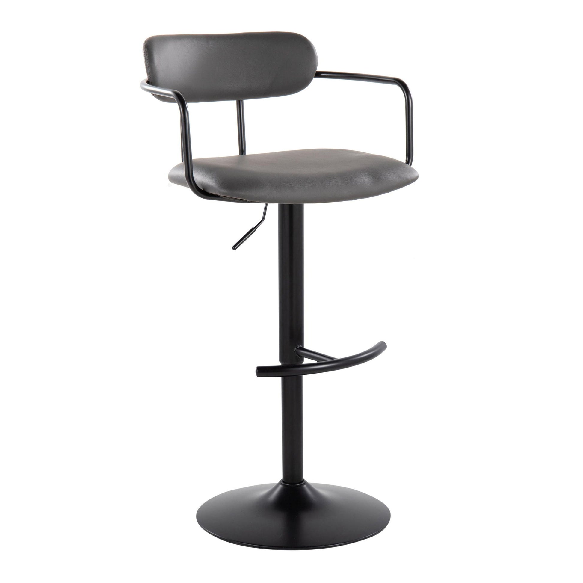 The Demi Contemporary Adjustable Height Barstool (Set of 2) features a round black metal base, swivel function, black padded seat with curved backrest, thin curved armrests, and a stylish rounded T footrest attached to the stem.