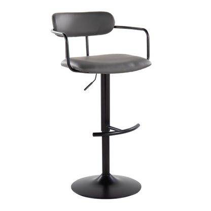 The Demi Contemporary Adjustable Height Barstool (Set of 2) features a round black metal base, swivel function, black padded seat with curved backrest, thin curved armrests, and a stylish rounded T footrest attached to the stem.