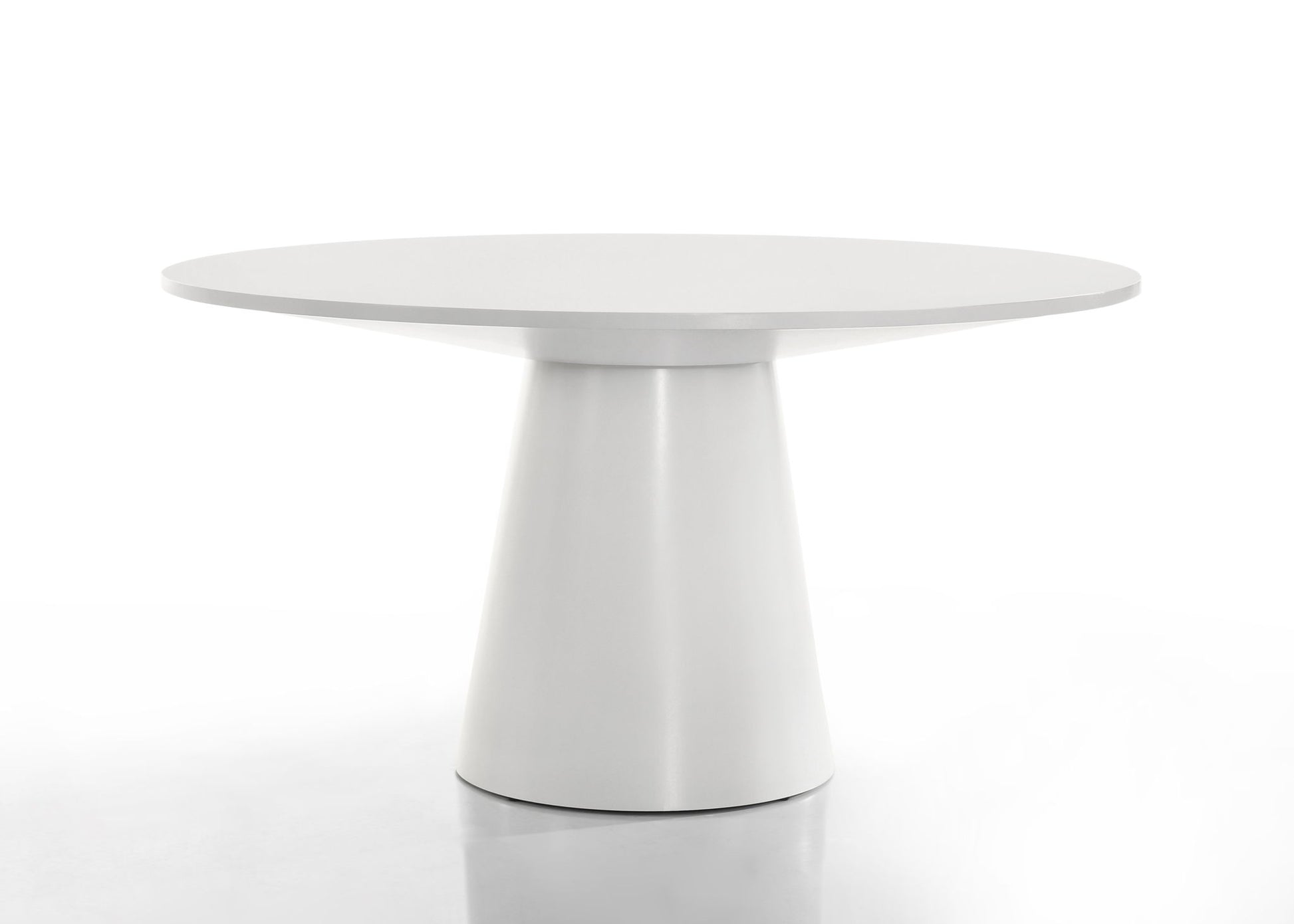 The Jasper - Wide Contemporary Round Dining Table Set features a modern white round table with a smooth surface and a wide, cylindrical pedestal base in a minimalist design against a plain white background.