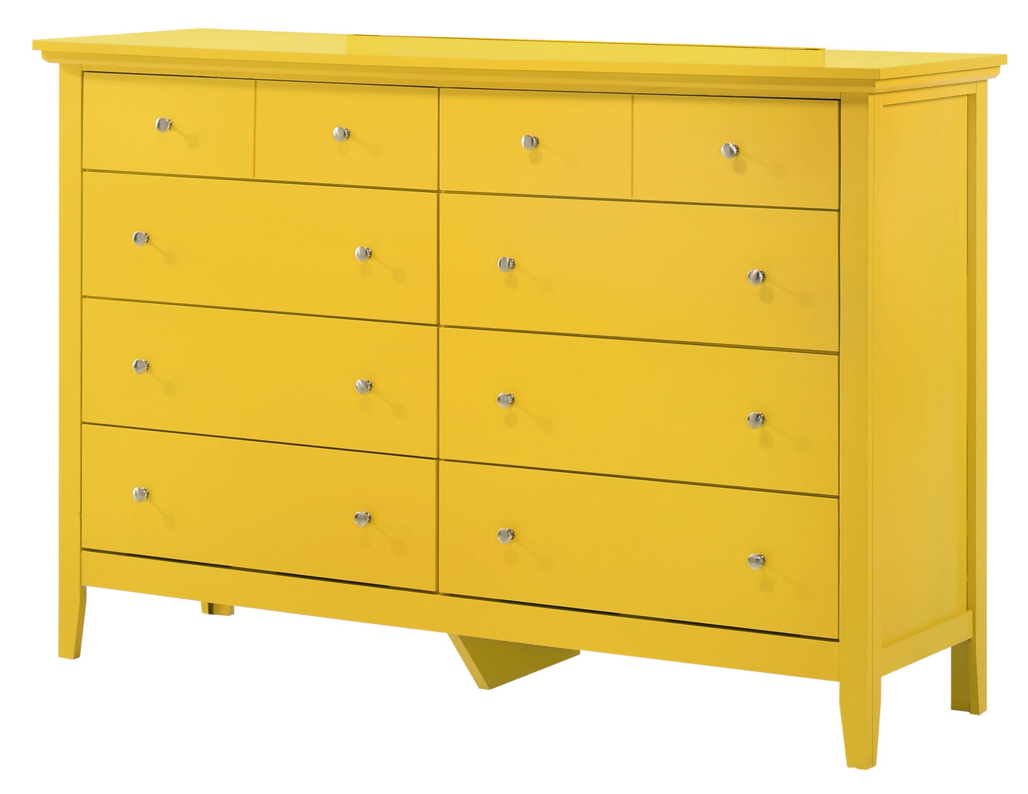 The Elegant Casual Dresser For Any Room is a bright yellow wooden piece with nine drawers, each with a small round metal knob, standing on short legs and set against a white background.