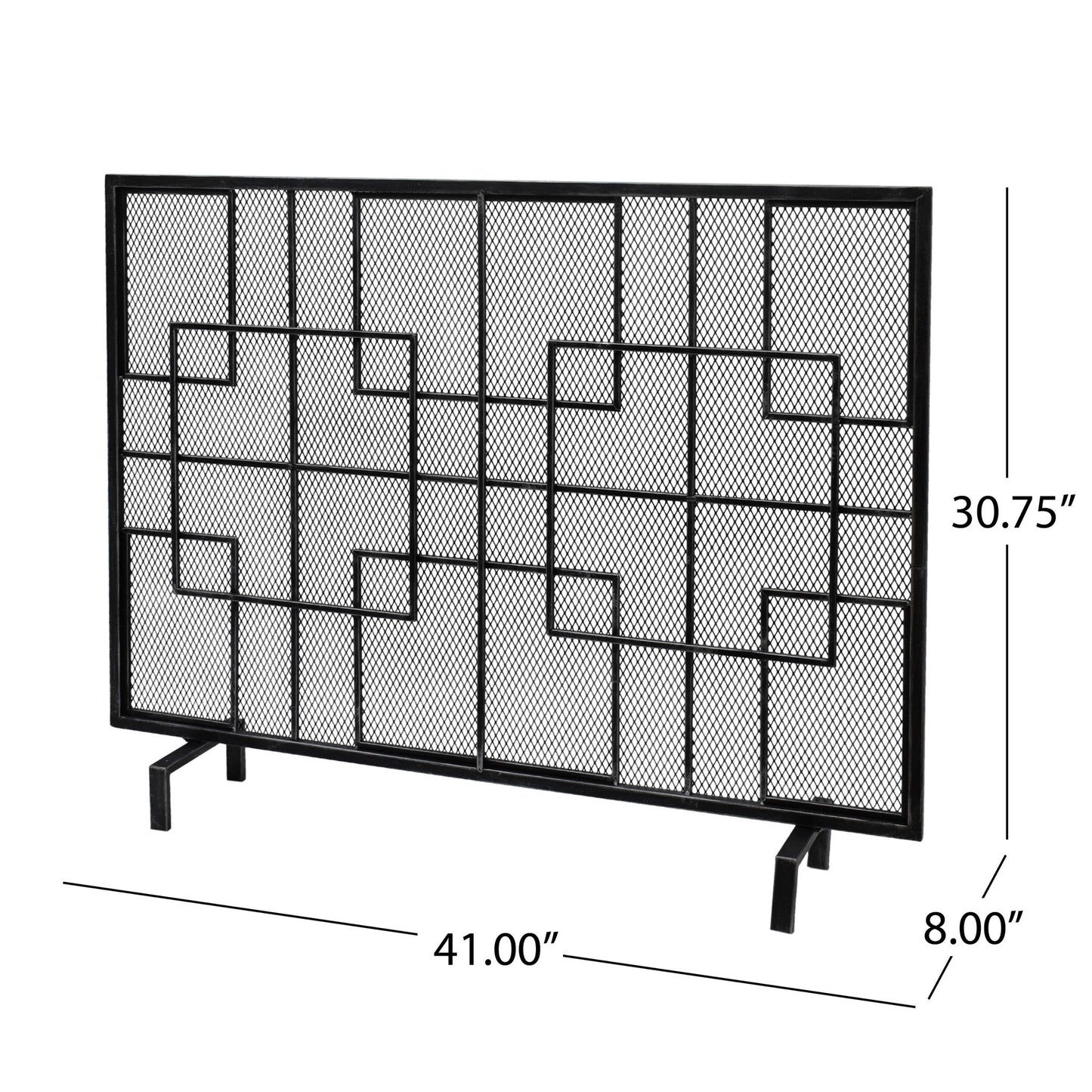 The Dorothy Modern Single Panel Iron Fire Screen features a black finish, geometric square patterns, mesh backing, and four short legs. It measures 41" W x 30.75" H x 8" D.
