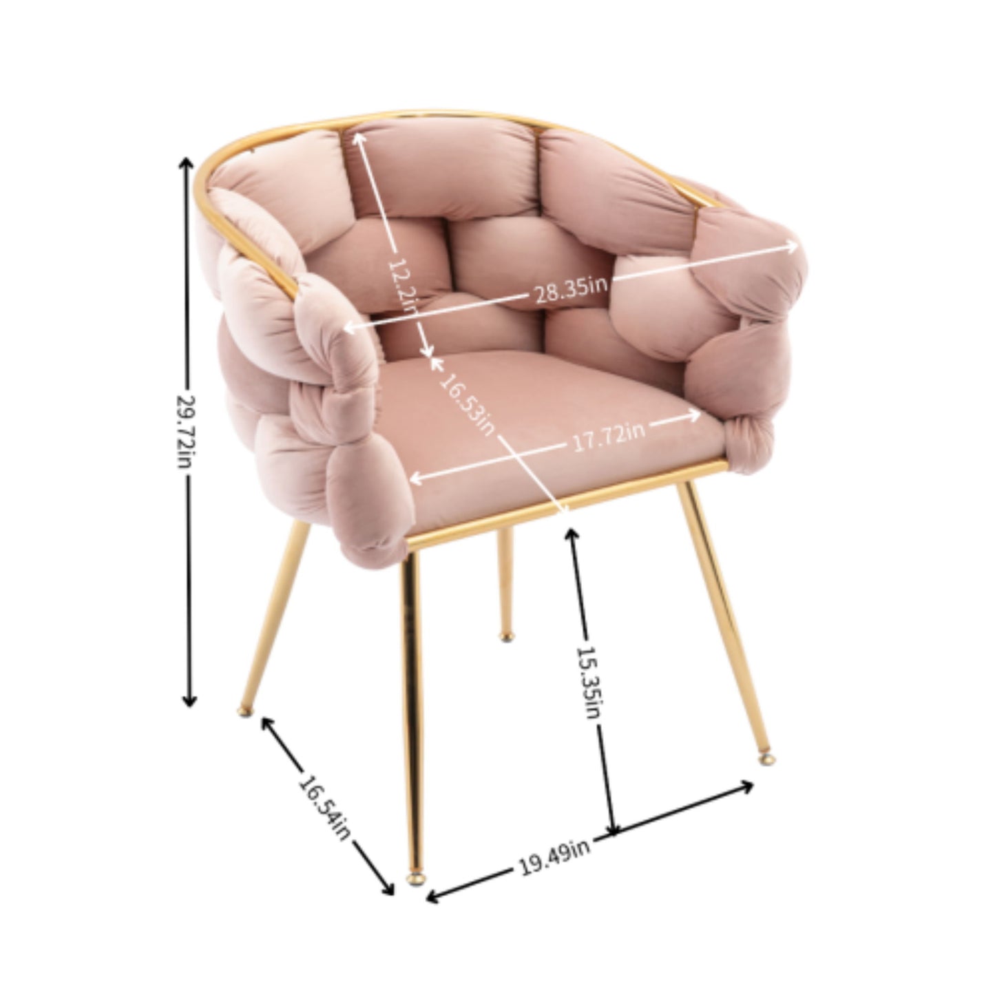The Luxury Modern Simple Leisure Velvet Single Sofa Chair features a pink tufted design with gold metal legs and arms, measuring 29.72" tall, 28.35" wide, seat height 15.35", side depth 16.54", front depth 19.49".