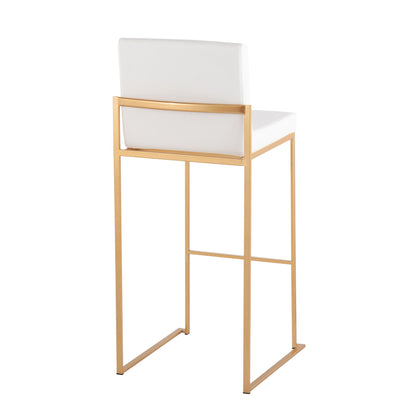 The Fuji Contemporary Design High Back Barstool (Set of 2) features a white cushioned seat and backrest with a minimalist gold metal frame, shown against a white background.