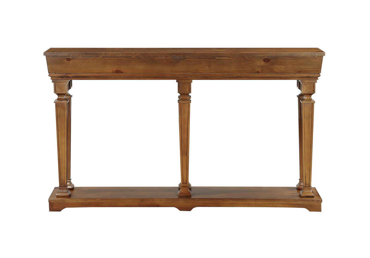 The Garrison Wooden Console Table features a rectangular top, three straight legs, and a lower shelf, all in a warm brown finish. Its simple, traditional design makes it a versatile addition to any space.