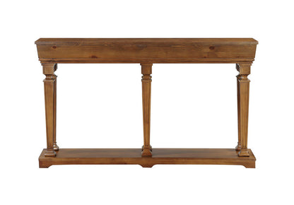 The Garrison Wooden Console Table features a rectangular top, three straight legs, and a lower shelf, all in a warm brown finish. Its simple, traditional design makes it a versatile addition to any space.