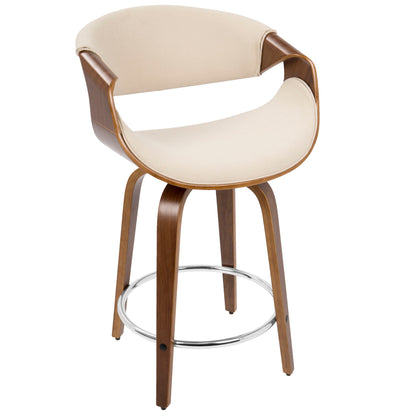 The Curvini Mid-Century Modern Fixed Height Counter Stool With Swivel (Set of 2) features a curved light beige upholstered seat, wooden armrests and legs, and a round chrome footrest.