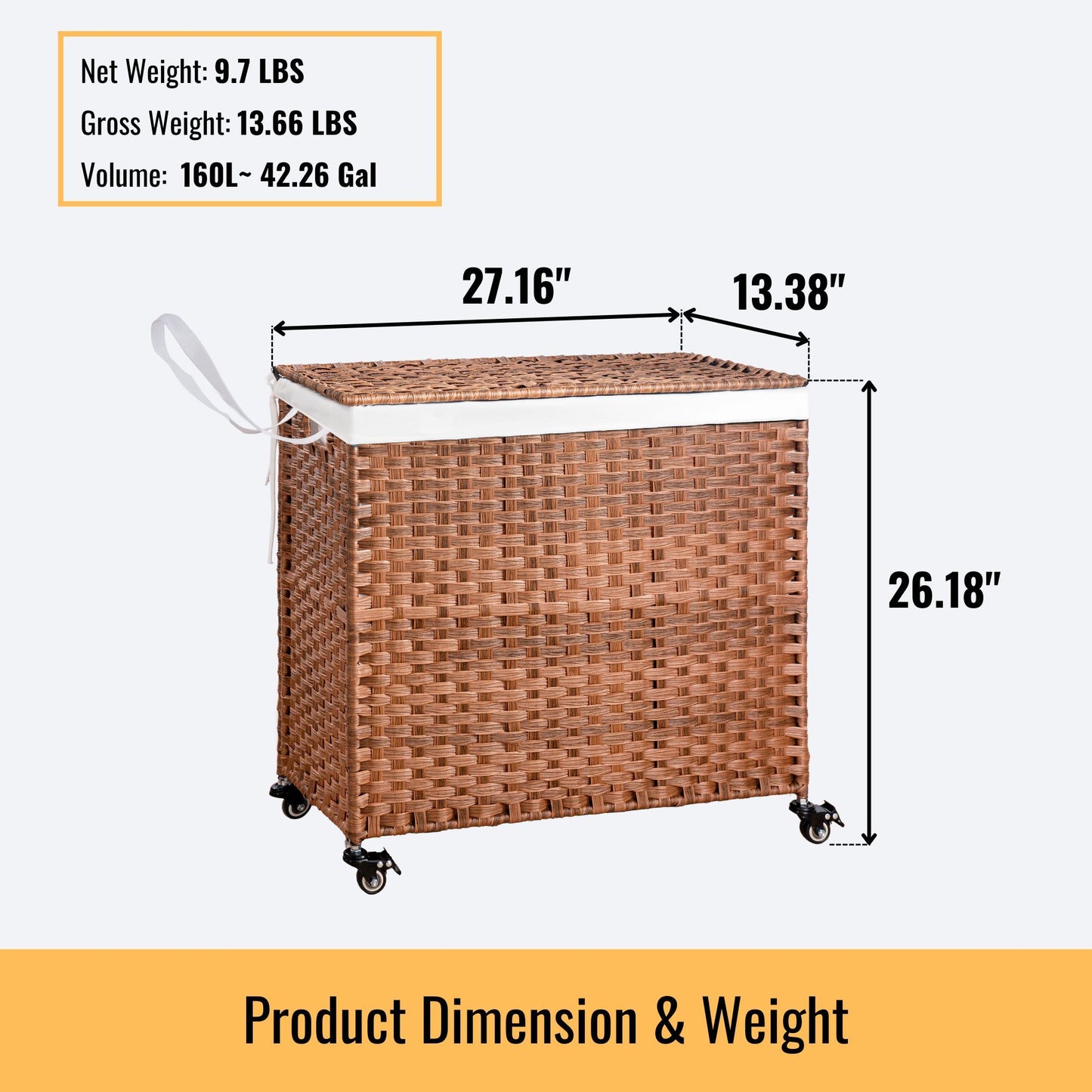 The Laundry Hamper With Lid PE Rattan features a powder-coated frame, 2 removable bags, wheels, and lid. Size: 27.16"W x 13.38"D x 26.18"H; net weight: 9.7 lbs; gross: 13.66 lbs; volume: 160L (42.26 gal).
