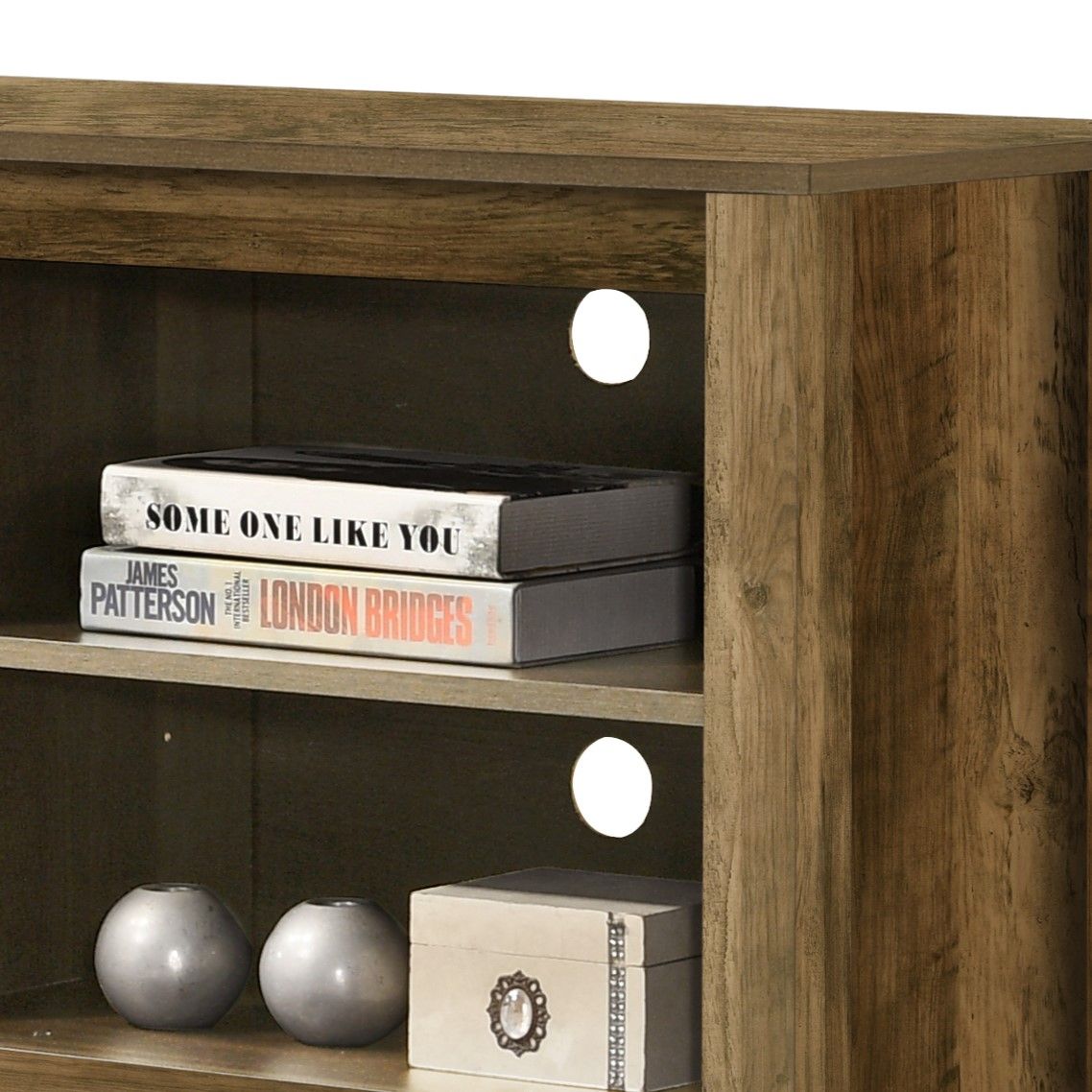 The Benito TV Stand features open shelves and cable management holes at the back panel, perfect for holding books, a small box, and decorative items.