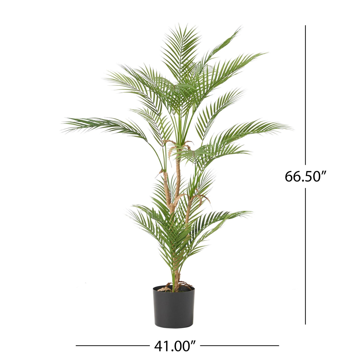The Artificial Palm Tree stands 66.5 inches tall and 41 inches wide, featuring long, slender green fronds and is displayed against a white background with visible measurements.