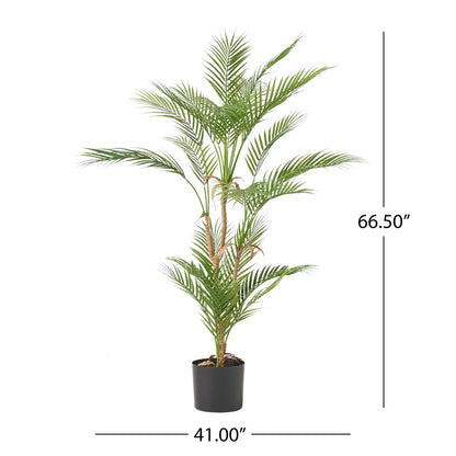 The Artificial Palm Tree stands 66.5 inches tall and 41 inches wide, featuring long, slender green fronds and is displayed against a white background with visible measurements.