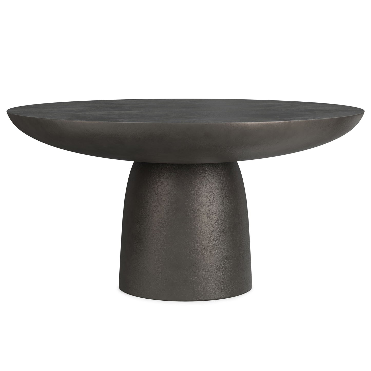 The Alexa Cast Aluminum Coffee Table features a modern design with a black finish, round wide top, and sturdy, tapered cylindrical pedestal base.