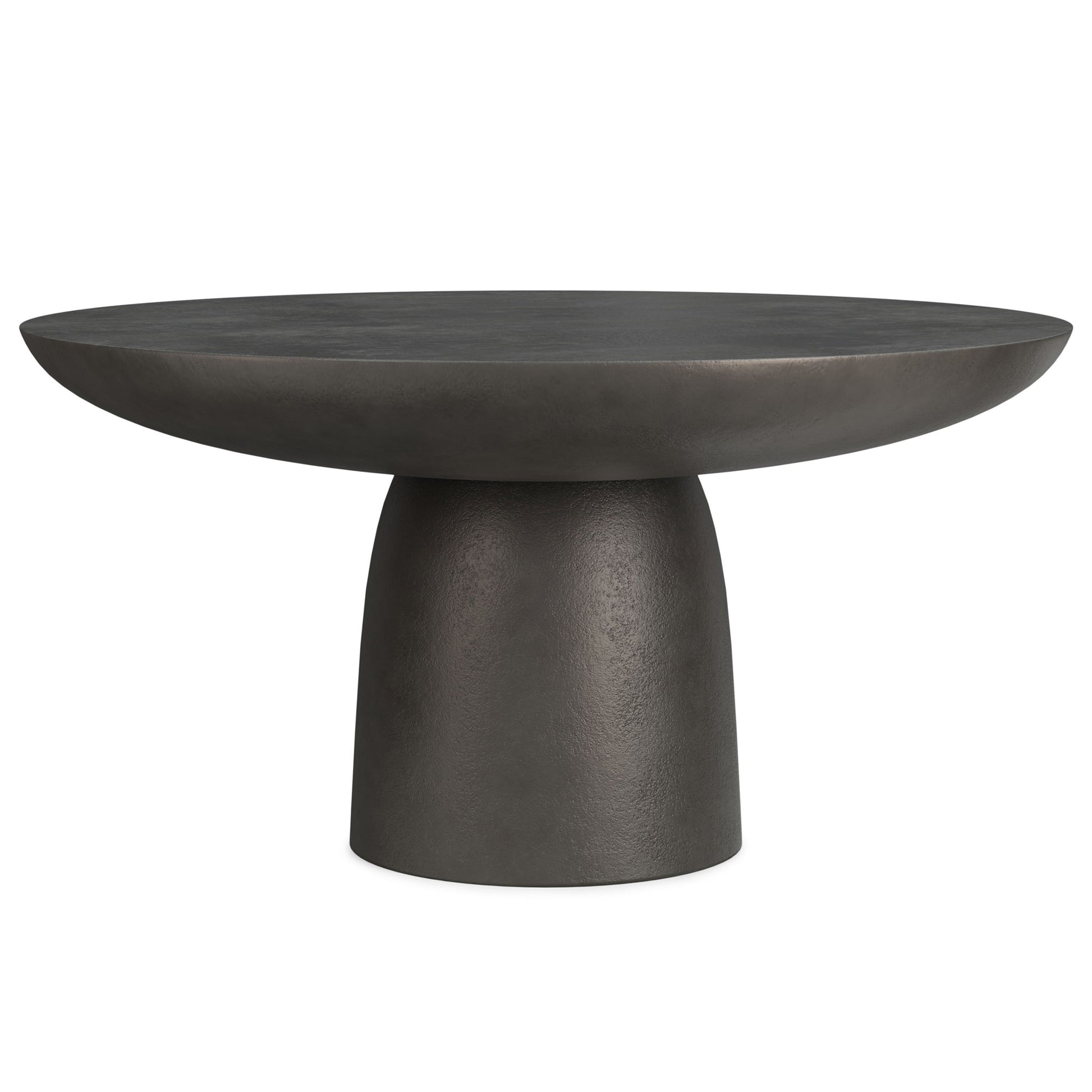 The Alexa Cast Aluminum Coffee Table features a modern design with a black finish, round wide top, and sturdy, tapered cylindrical pedestal base.