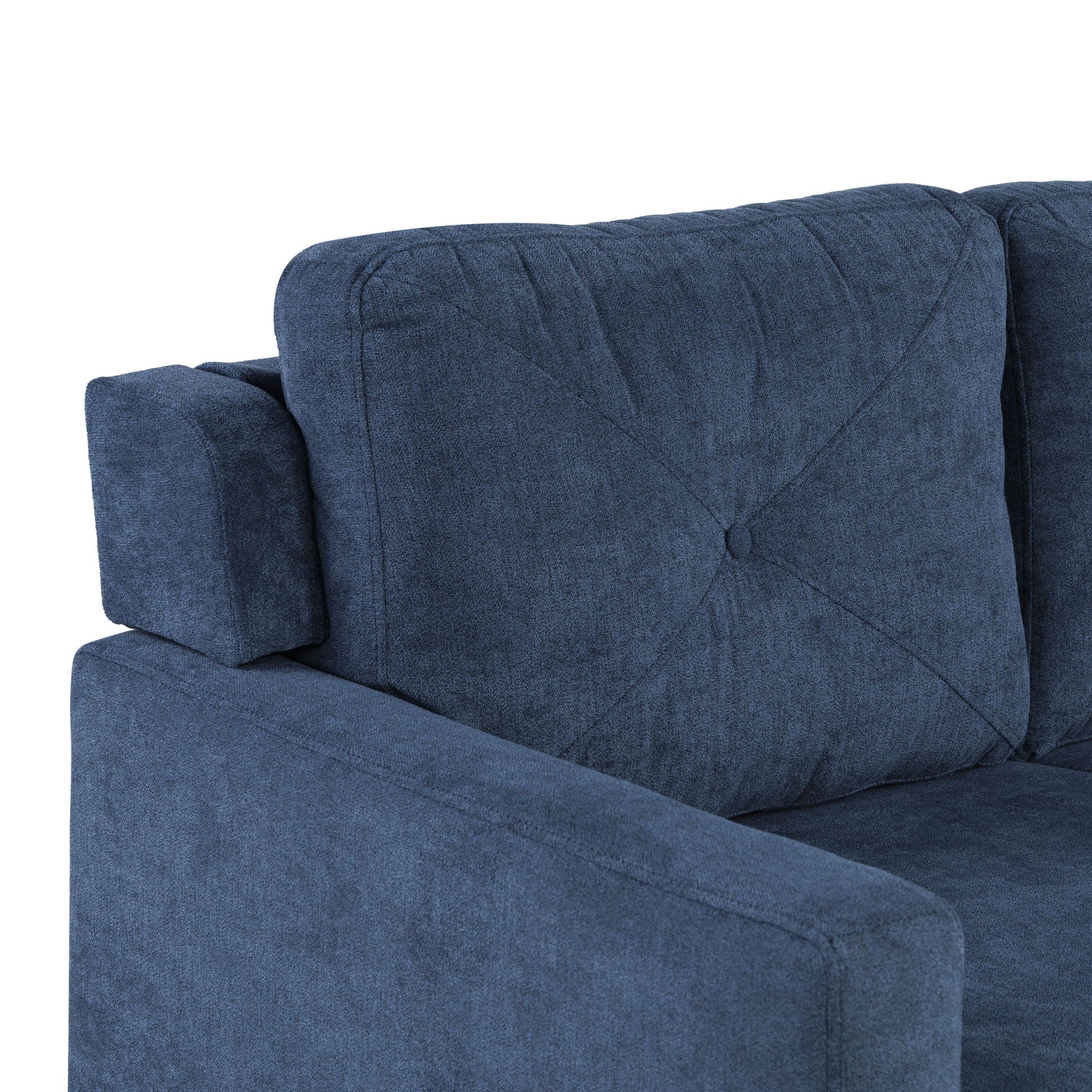 Close-up of the Horatio Chenille 3 Seater Sofa, upholstered in dark blue fabric with a cushioned backrest, subtle stitched details, and a wide armrest.