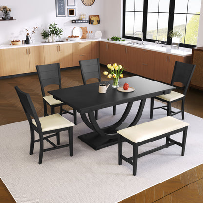 A modern kitchen with wood cabinets and large windows features the Topmax 6 Piece Wood Half Round Dining Table Set, including a black table, four cushioned chairs, and a matching bench on a light rug, set with flowers, a teapot, and fruit.