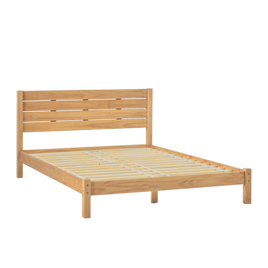 The Modern Minimalist Boho Bedframe features a slatted headboard and platform base with a natural wood finish, clean lines, and is shown without mattress or bedding.
