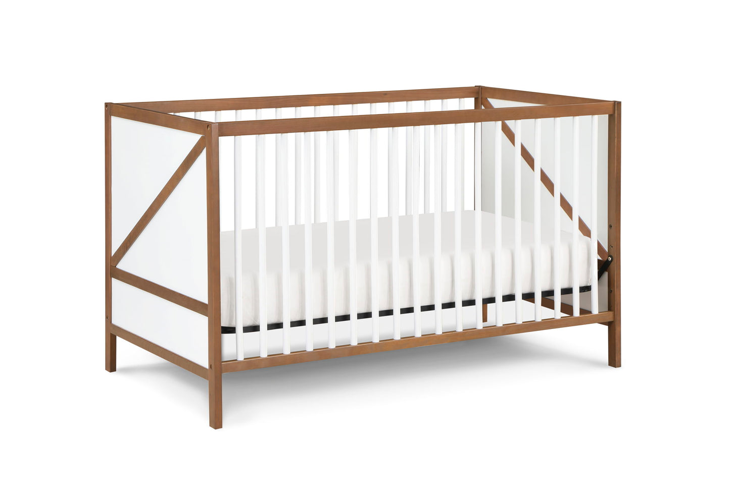 The Pixie Zen 3-in-1 Crib in walnut features modern wooden construction with white side panels, vertical white slats, a clean design, and includes a white mattress.
