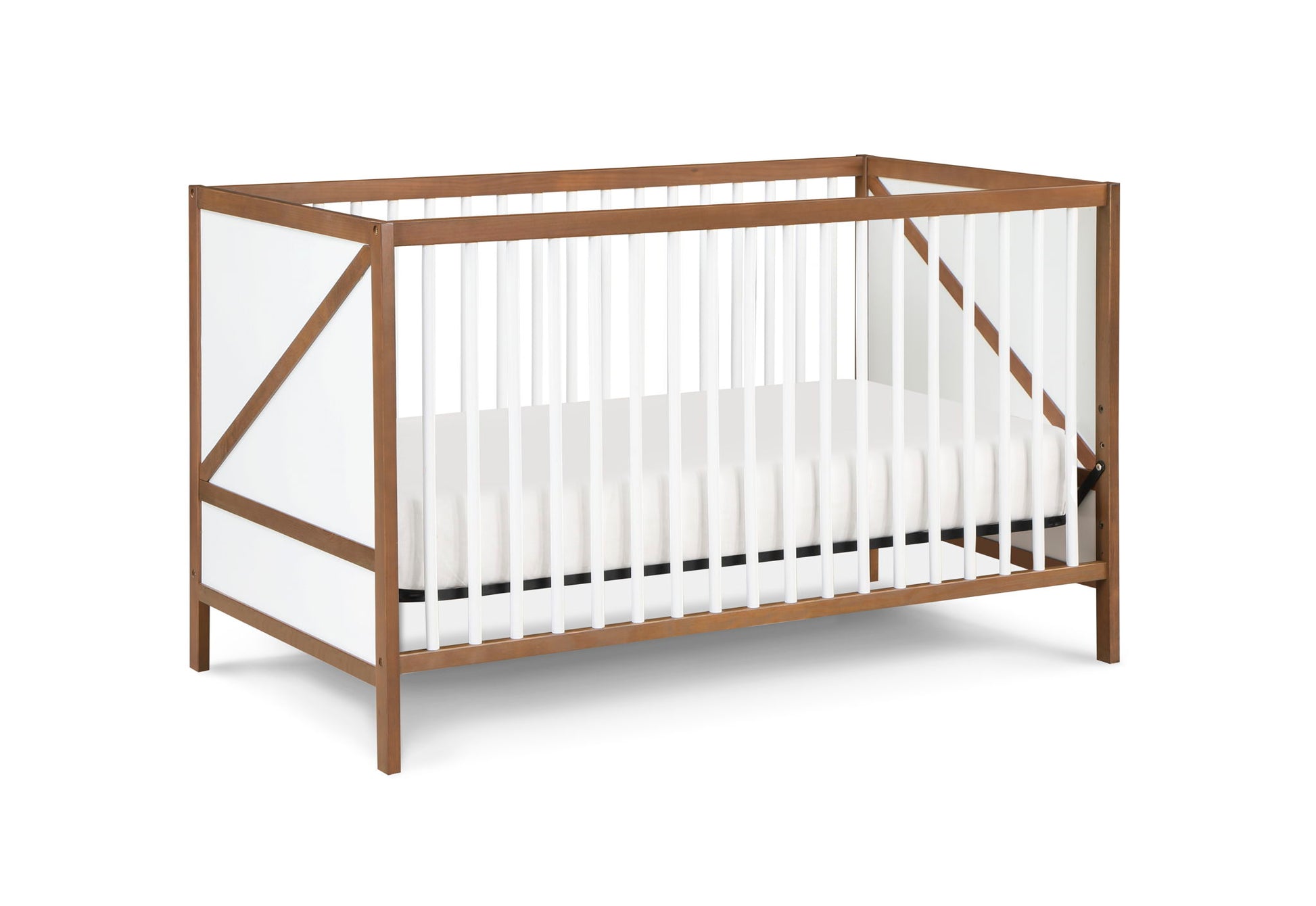 The Pixie Zen 3-in-1 Crib in walnut features modern wooden construction with white side panels, vertical white slats, a clean design, and includes a white mattress.