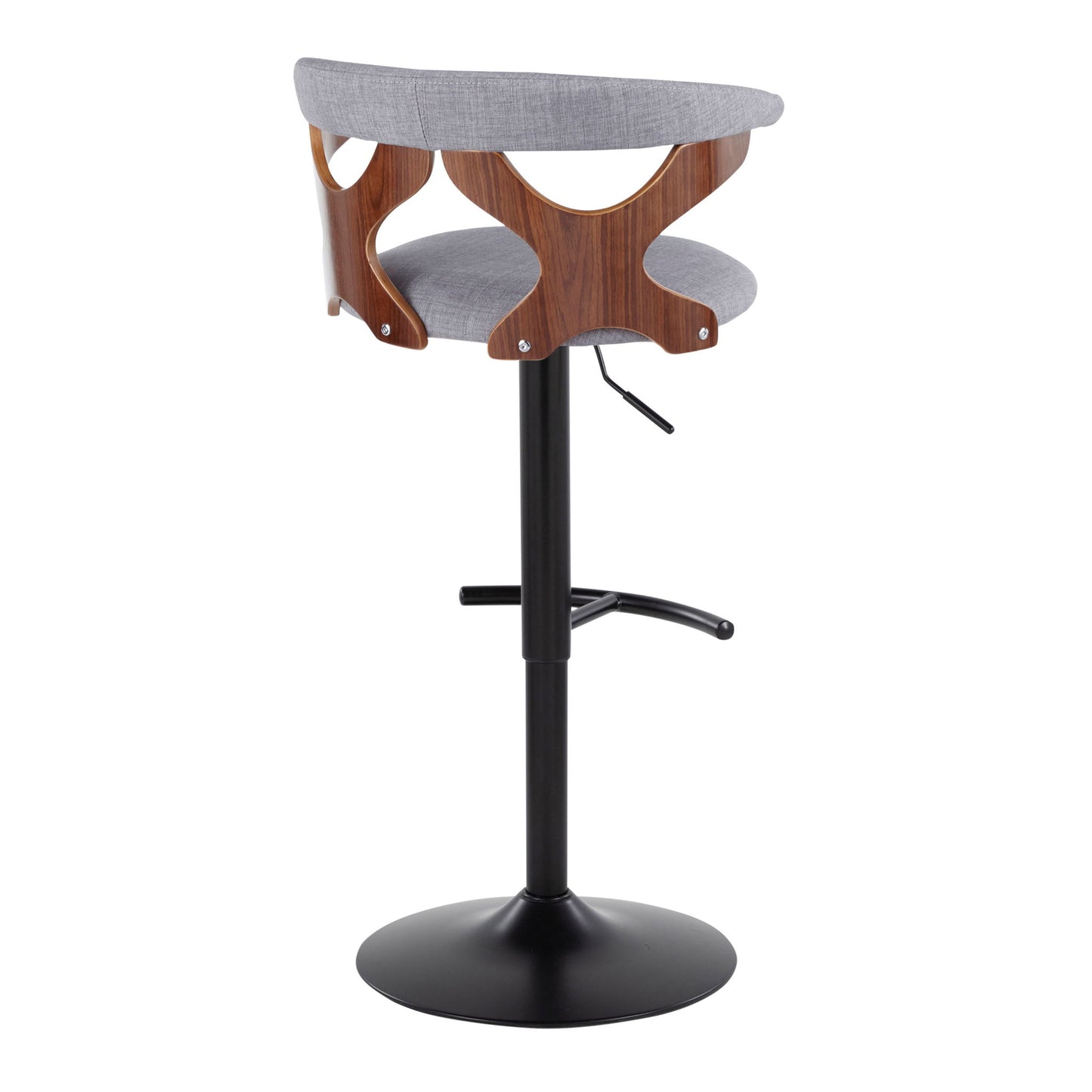 The Gardenia Contemporary Adjustable Barstool (Set of 2) features a round grey upholstered seat and backrest, wooden cutout accents, a black metal pedestal base, swivel function, and a rounded T-shaped footrest.