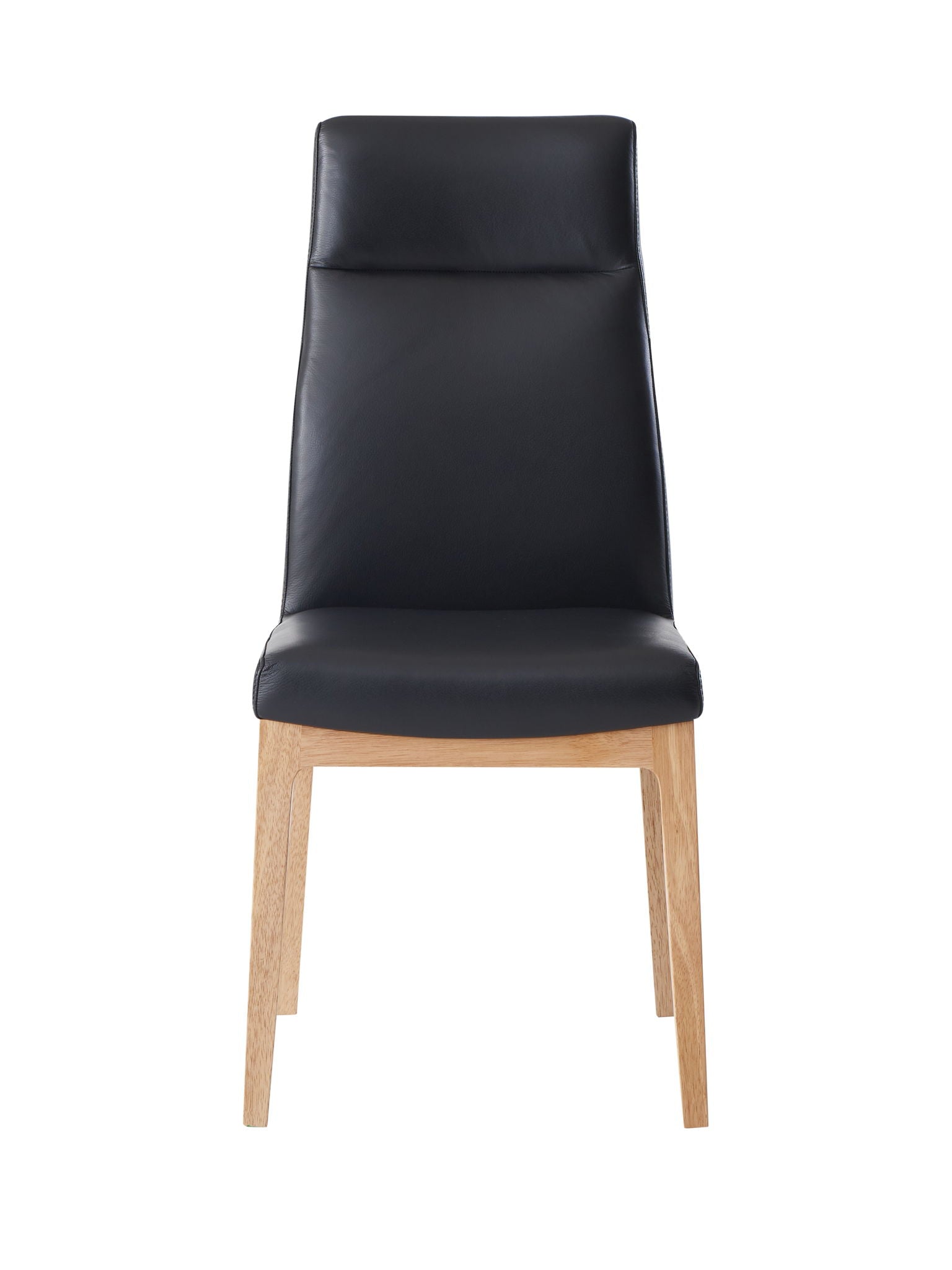 Front view of the Raquan - Leather Side Chair (Set of 2) - Black PU, featuring a black padded seat and backrest, light wooden legs, and a minimalist design, set against a white background.
