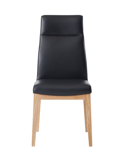 Front view of the Raquan - Leather Side Chair (Set of 2) - Black PU, featuring a black padded seat and backrest, light wooden legs, and a minimalist design, set against a white background.
