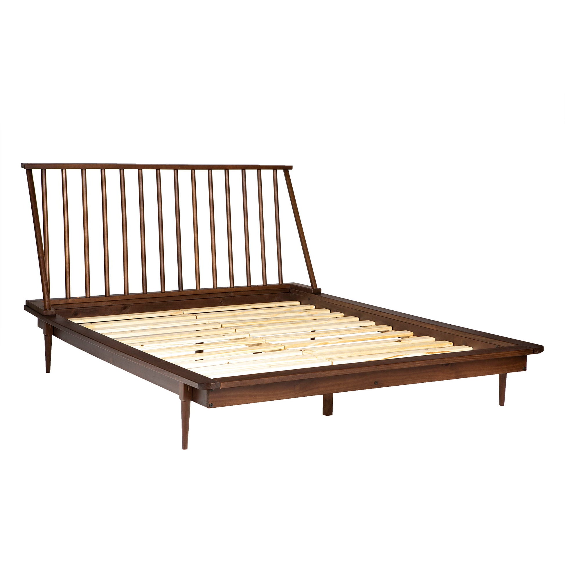 The Mid-Century Modern Solid Wood Platform Bed Frame features a spindle headboard, angled legs, and a platform base with wooden slats for mattress support.