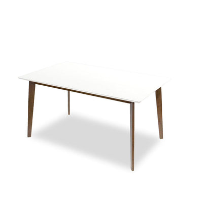 The Carlos Dining Table features a white rectangular top and four angled wooden legs, displayed against a plain white background.