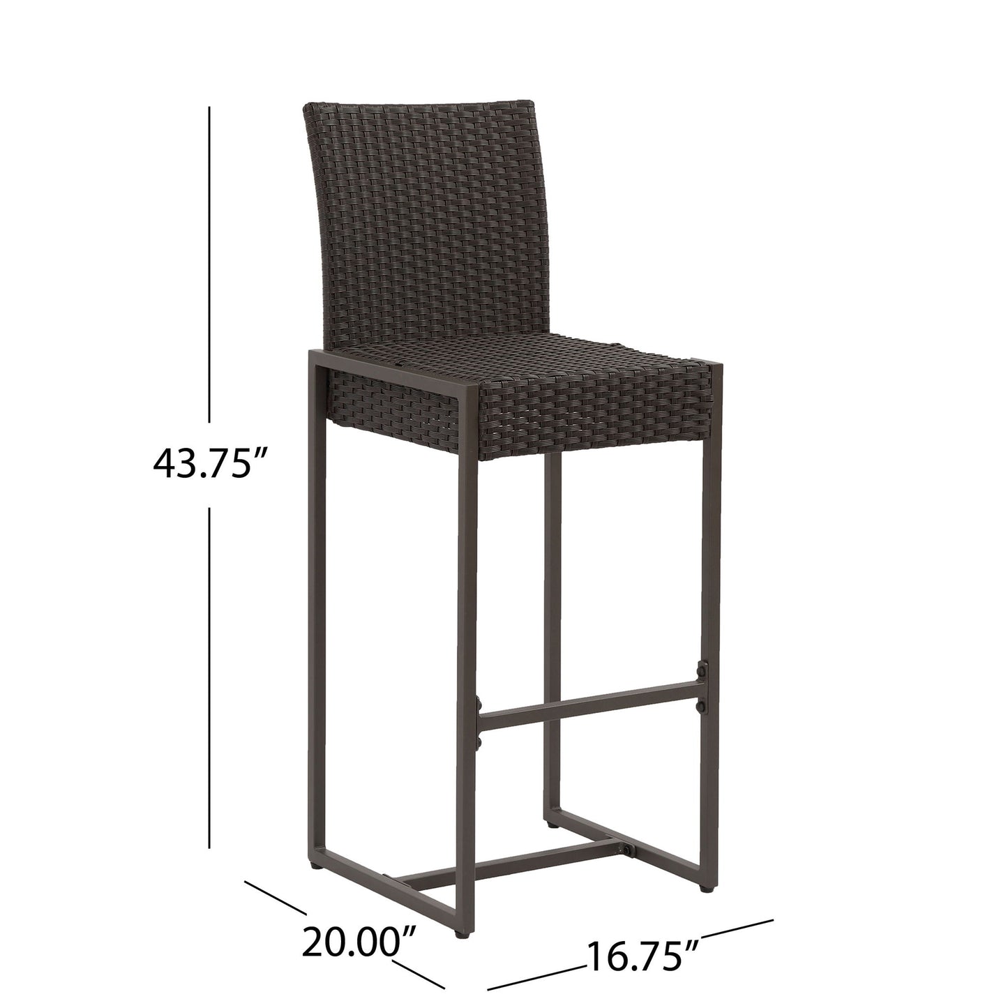 The Outdoor Barstool With Hand Crafted Details (Set of 2) features a tall metal frame with woven rattan seat and backrest. Dimensions: 43.75"H x 20"W x 16.75"D.