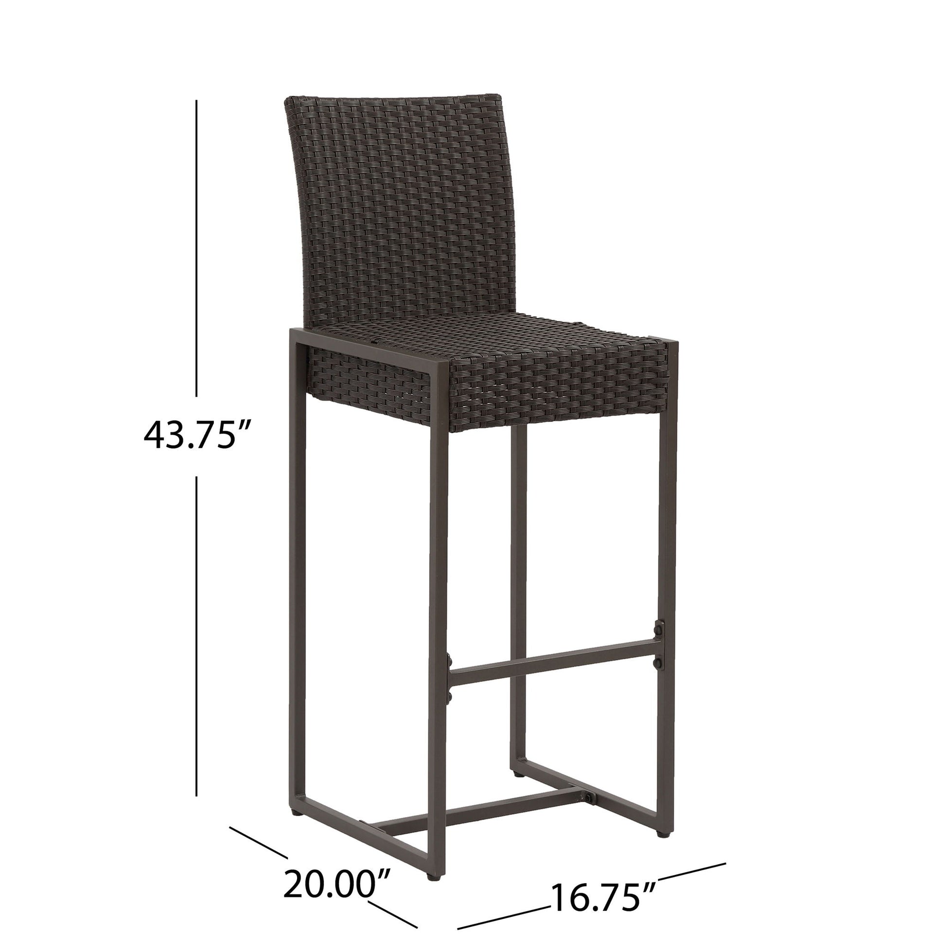 The Outdoor Barstool With Hand Crafted Details (Set of 2) features a tall metal frame with woven rattan seat and backrest. Dimensions: 43.75"H x 20"W x 16.75"D.