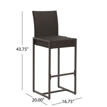 The Outdoor Barstool With Hand Crafted Details (Set of 2) features a tall metal frame with woven rattan seat and backrest. Dimensions: 43.75"H x 20"W x 16.75"D.