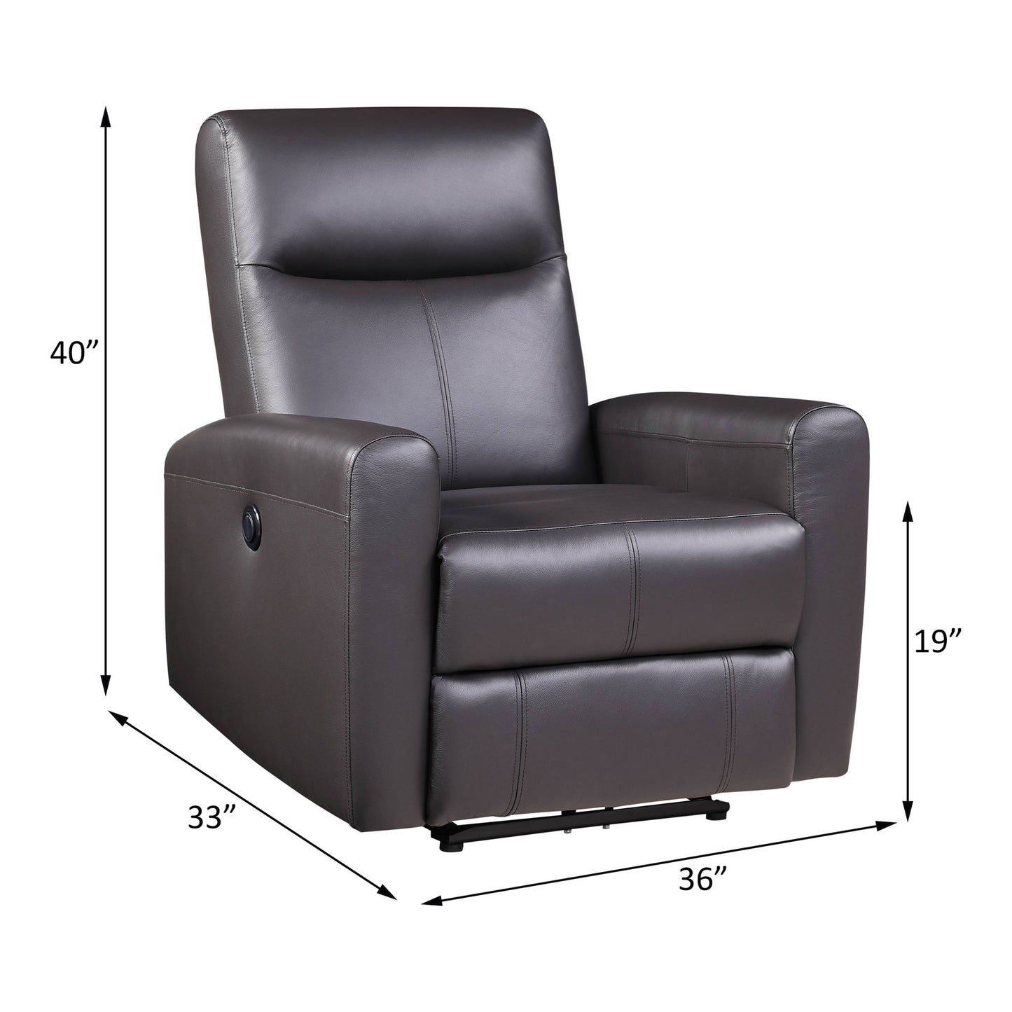 The Blane Top Grain Leather Match Power Motion Recliner in brown features a padded seat, backrest, and armrests. Its dimensions are 40"H x 33"D x 36"W with a seat height of 19".