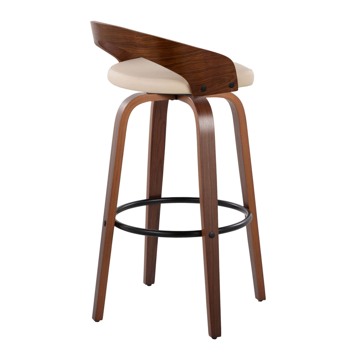 The Grotto Mid Century Modern Fixed Height Barstool set features a curved backrest, light beige cushioned seat, four angled wooden legs, and a round black metal footrest. Set of 2; some swivel functionality included.
