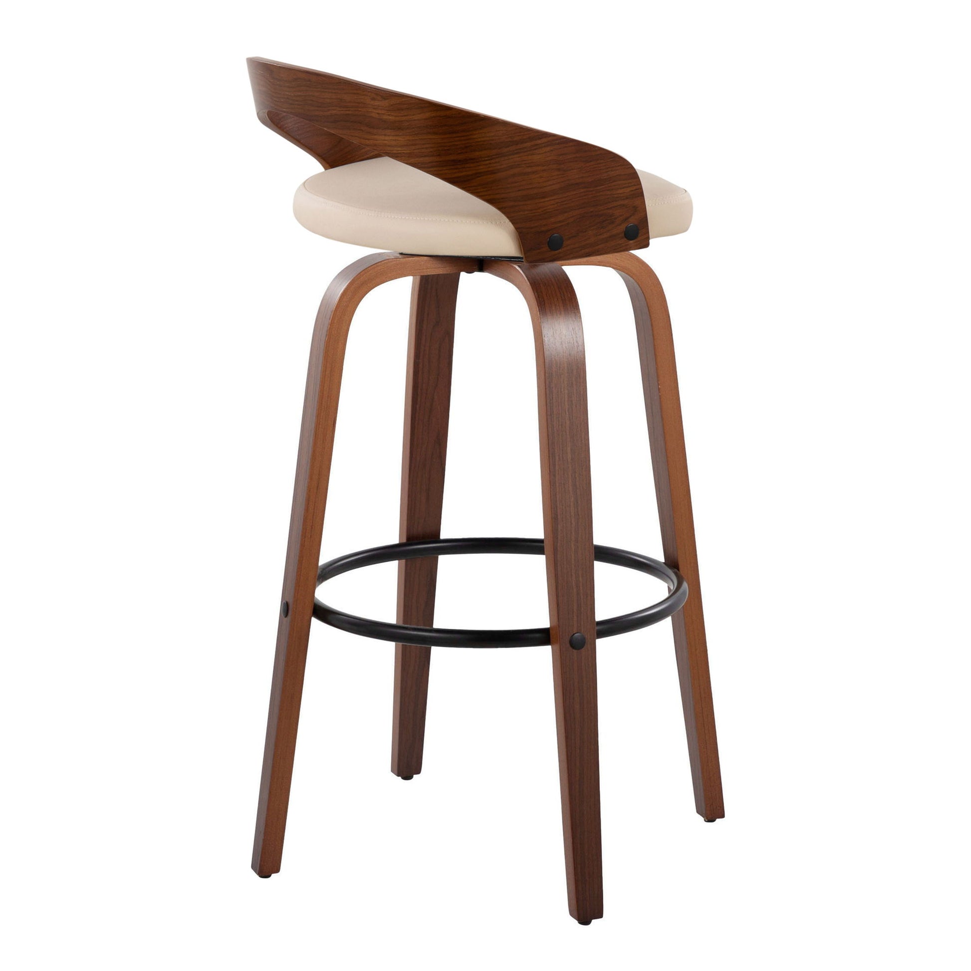 The Grotto Mid Century Modern Fixed Height Barstool set features a curved backrest, light beige cushioned seat, four angled wooden legs, and a round black metal footrest. Set of 2; some swivel functionality included.