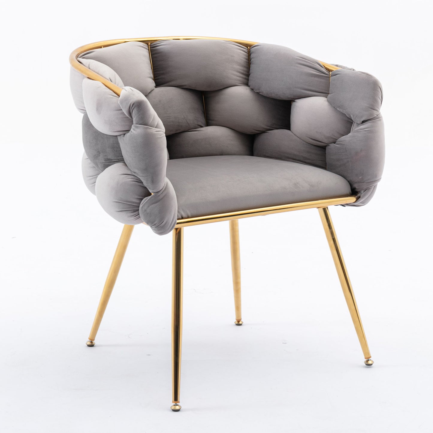 The Luxury Modern Simple Leisure Velvet Single Sofa Chair features a plush tufted gray cushion, rounded backrest, slim gold metal legs, and a matching gold frame—perfect for stylish, contemporary bedrooms or manicure tables.