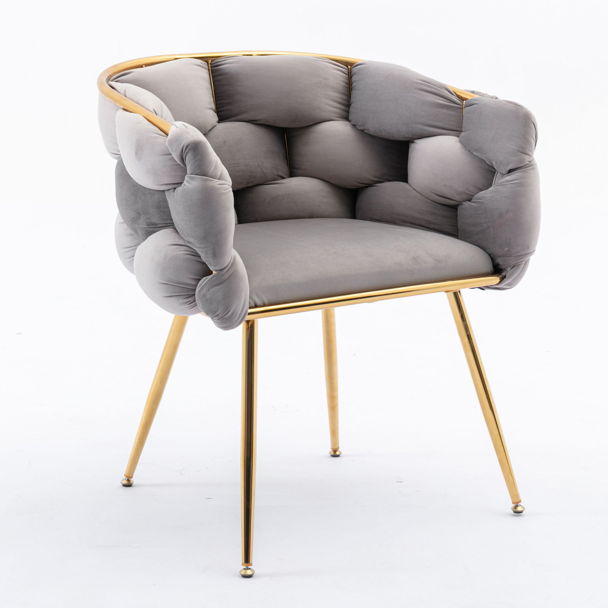 The Luxury Modern Simple Leisure Velvet Single Sofa Chair features a plush tufted gray cushion, rounded backrest, slim gold metal legs, and a matching gold frame—perfect for stylish, contemporary bedrooms or manicure tables.