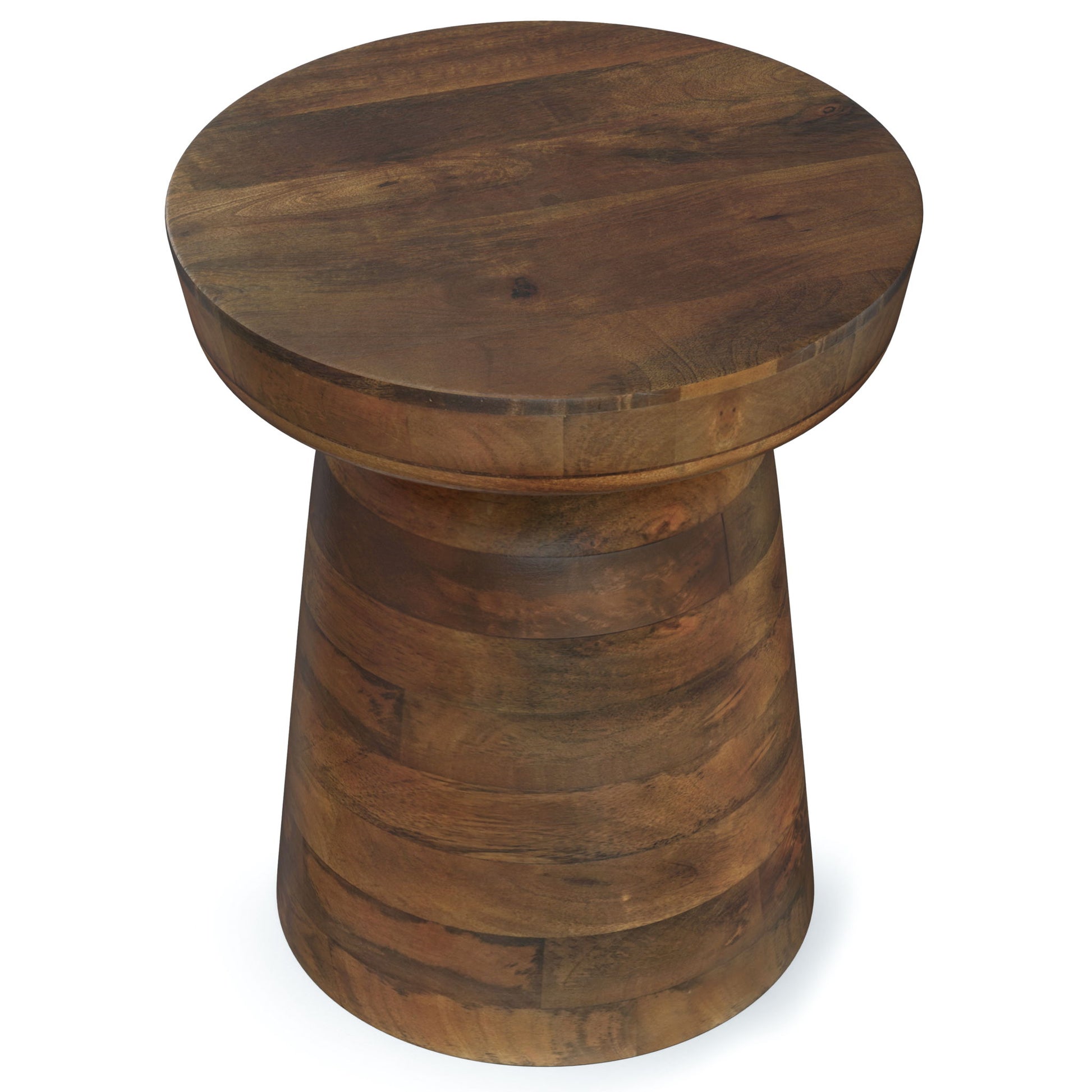 The Robbie - Handcrafted Accent Table features a smooth, circular wooden top and a tapered cylindrical base in rich brown with visible grain patterns.