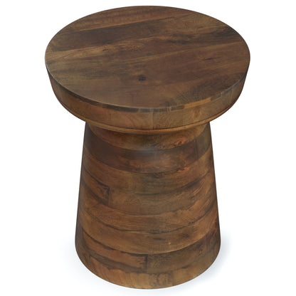The Robbie - Handcrafted Accent Table features a smooth, circular wooden top and a tapered cylindrical base in rich brown with visible grain patterns.