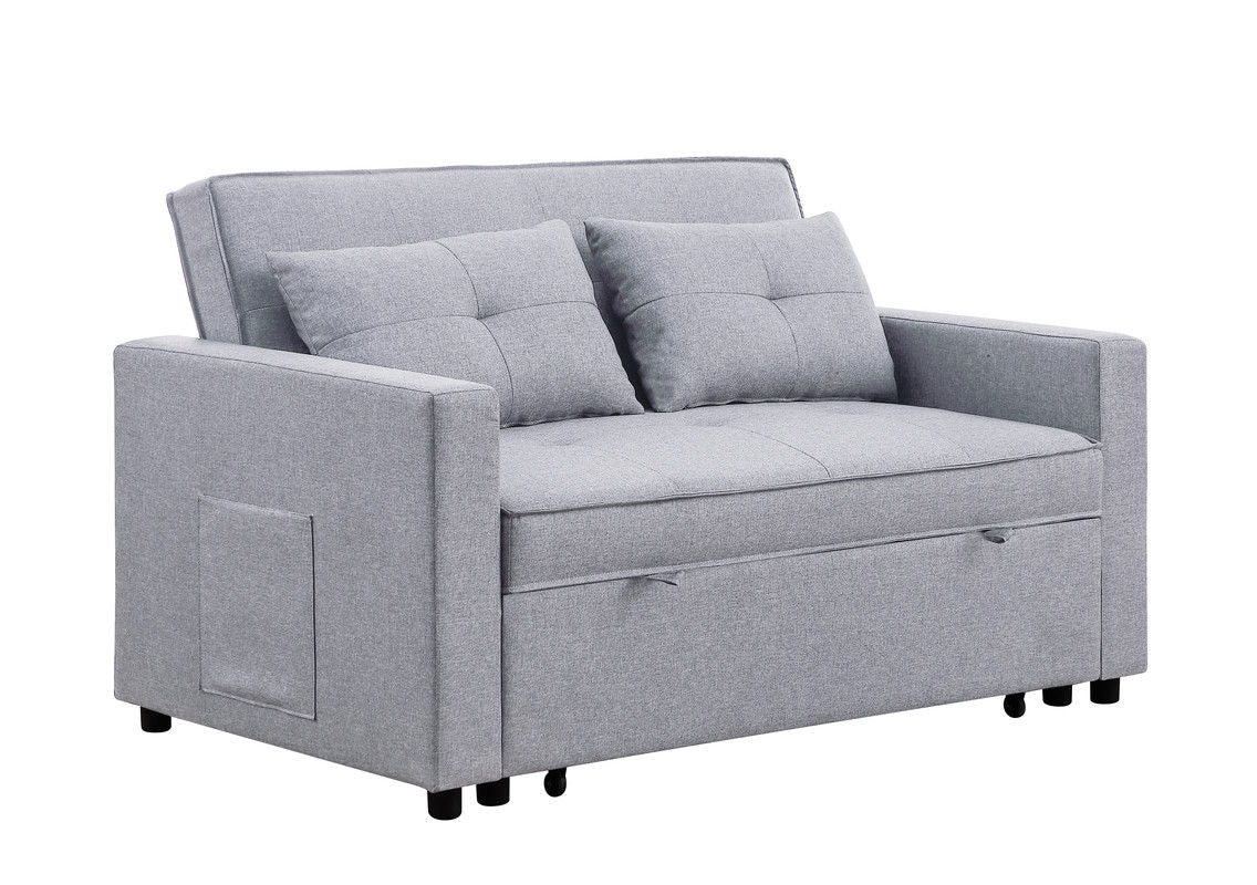 The Zoey Linen Convertible Sleeper Loveseat features light gray upholstery, two matching cushions, rectangular arms, a handy side pocket, modern design, and short black legs.
