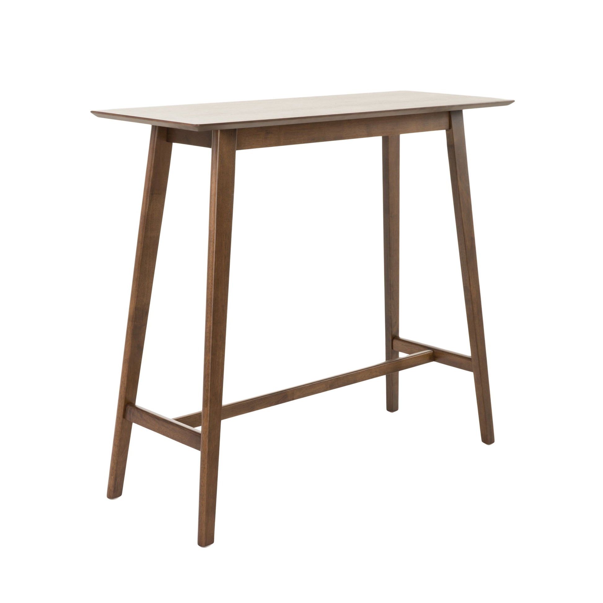The Bar Height Dining Table features an elongated rectangular top, splayed legs, a support bar for stability, and a simple, minimalist design in medium brown wood.