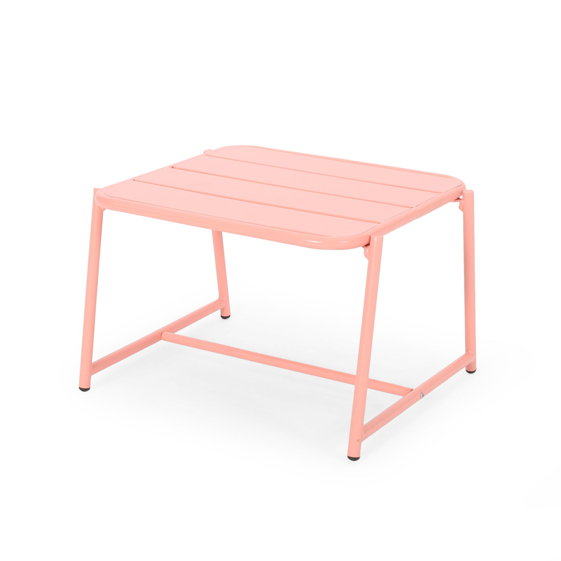 The Conrad - Side Table Outdoor is a small, rectangular, light pink metal table with four angled legs and a slatted top, shown on a white background.