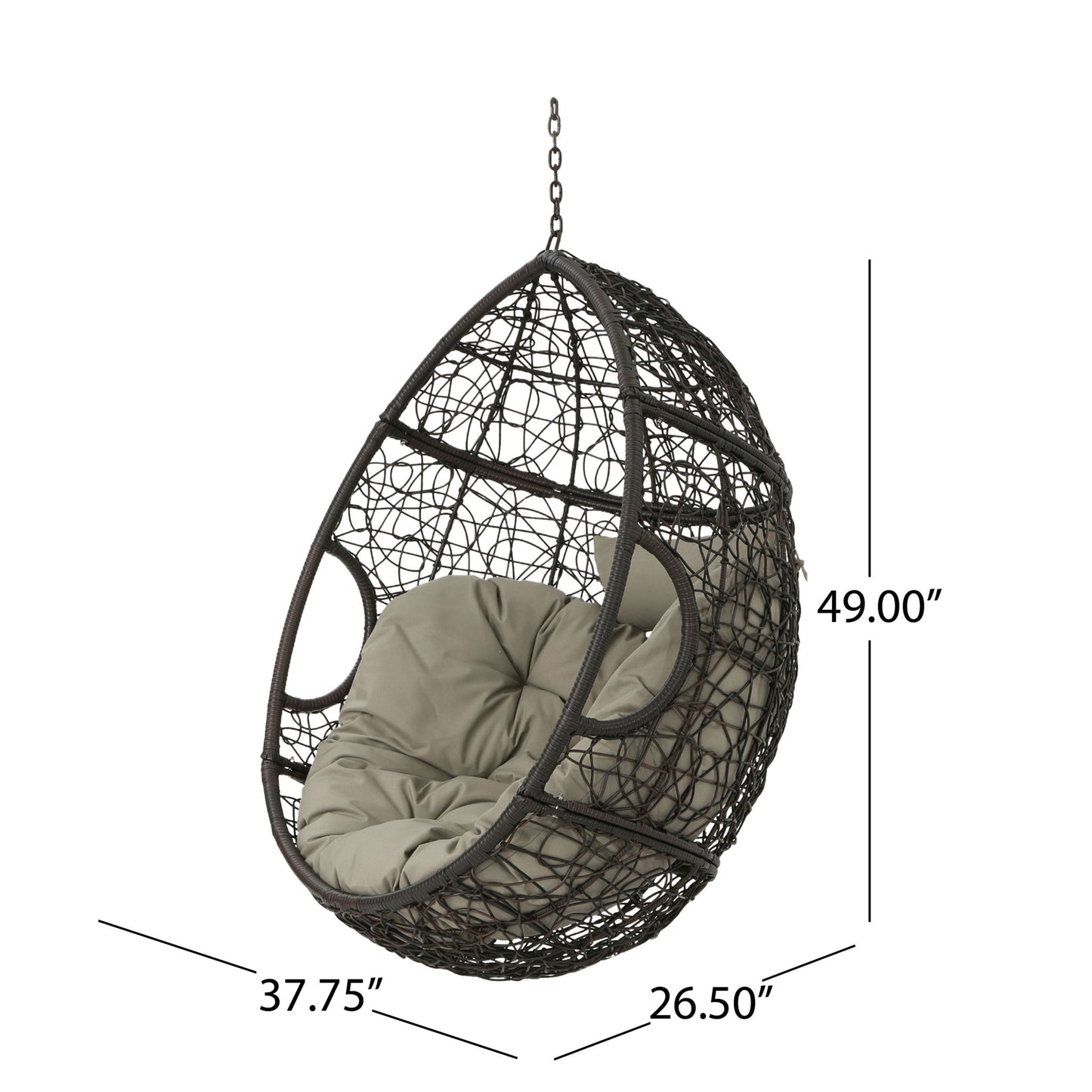 The Kylie Boho Style Hanging Basket Chair features a woven rattan egg shape, water-resistant cushions, and hangs by a metal chain. Dimensions: 49" H x 37.75" W x 26.5" D.