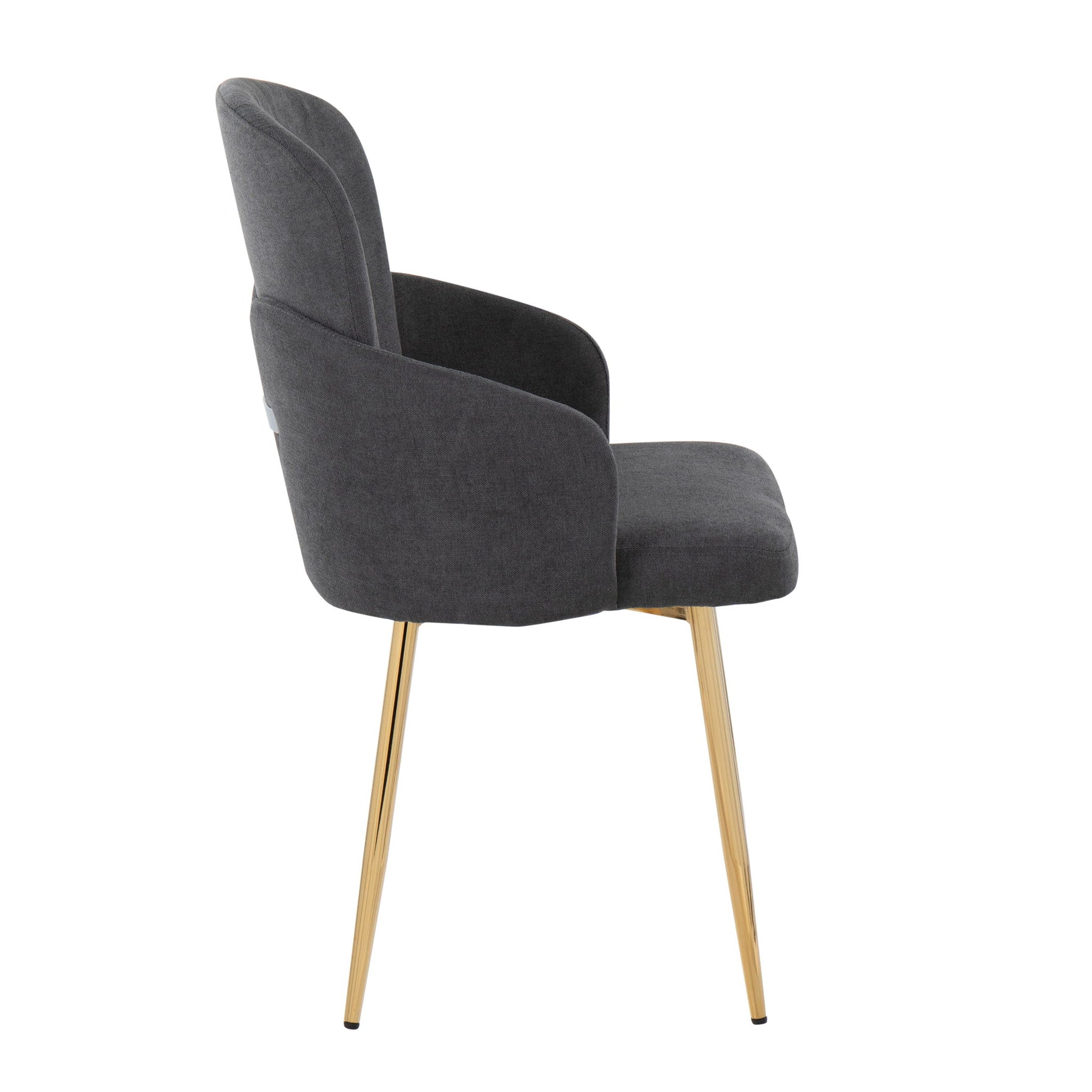 Side view of the Dahlia - Contemporary Dining Chair (Set of 2) with dark gray upholstered seat and backrest, featuring gold-colored metal legs.
