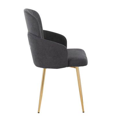 Side view of the Dahlia - Contemporary Dining Chair (Set of 2) with dark gray upholstered seat and backrest, featuring gold-colored metal legs.